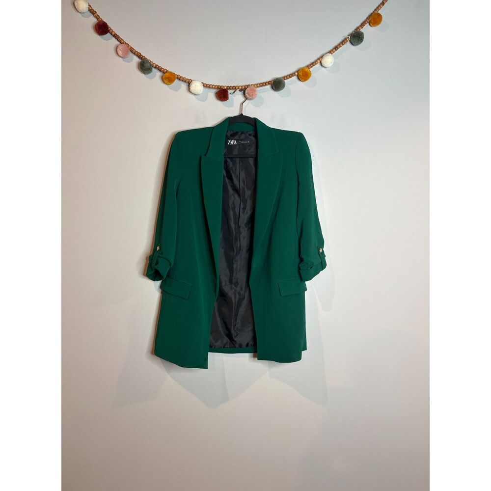 Zara emerald green roll tab 3/4 sleeve open blazer jacket